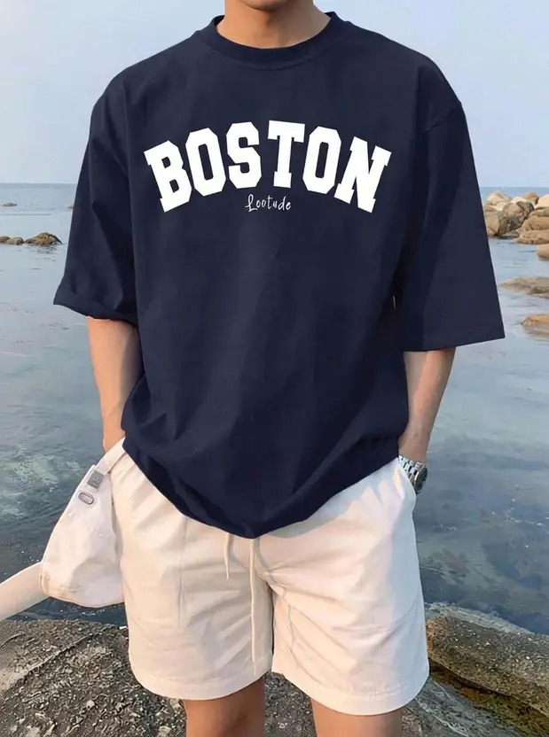 Leotude Men Printed Round Neck Cotton Blend Navy Blue T-Shirt thumbnail 2