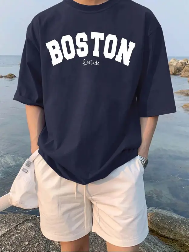 Leotude Men Printed Round Neck Cotton Blend Navy Blue T-Shirt