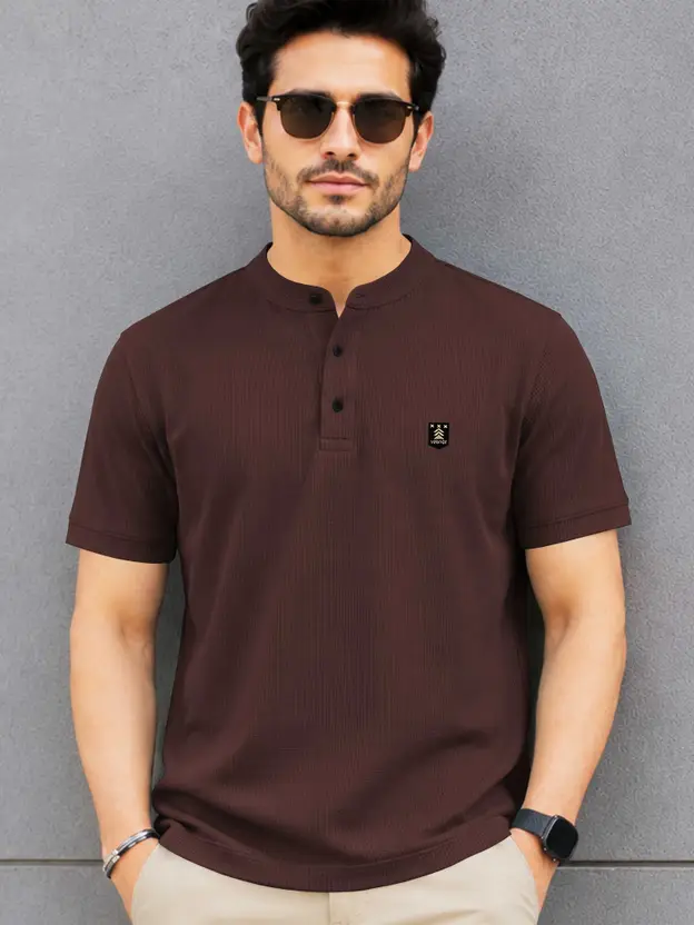 VeBNoR Men Solid Mandarin Collar Cotton Blend Brown T-Shirt