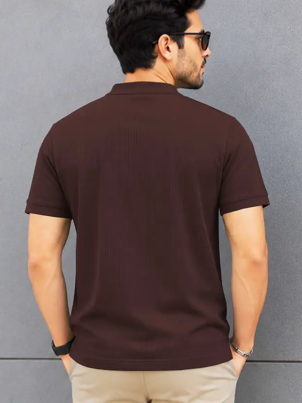 VeBNoR Men Solid Mandarin Collar Cotton Blend Brown T-Shirt thumbnail 2
