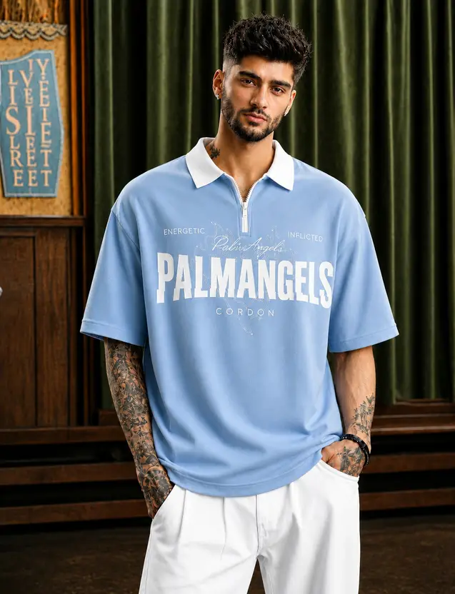 Force Printed Men Zip Neck Reversible Light Blue T-Shirt