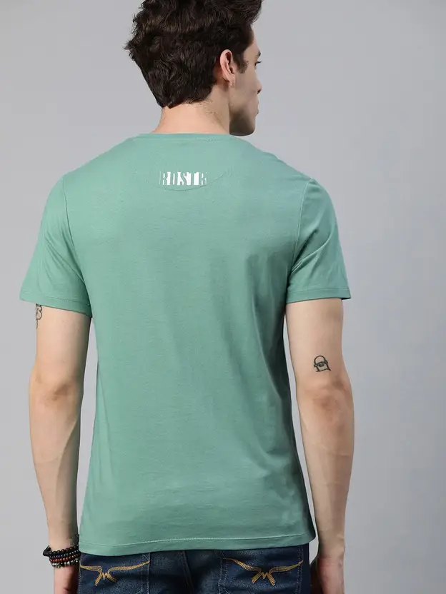 Roadster Men Printed Round Neck Pure Cotton Green T-Shirt thumbnail 2