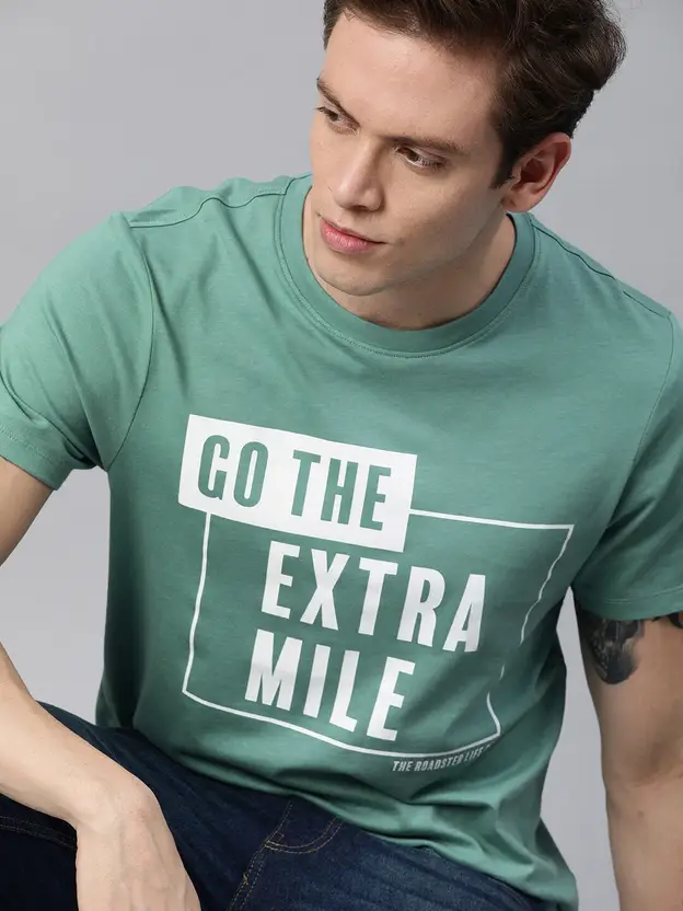 Roadster Men Printed Round Neck Pure Cotton Green T-Shirt