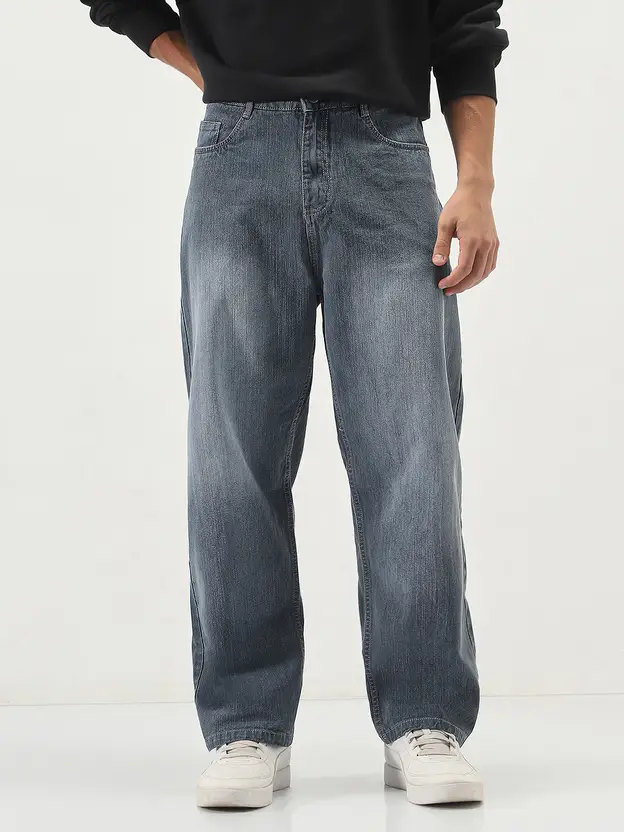 Men Loose Fit Mid Rise Grey Jeans