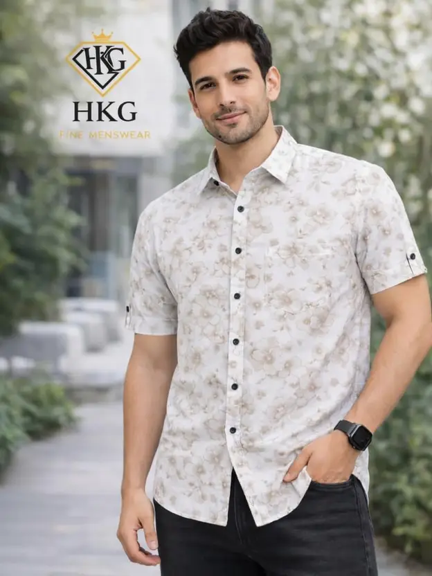 Men Regular Fit Floral Print Spread Collar Casual Shirt (Short Sleeve)