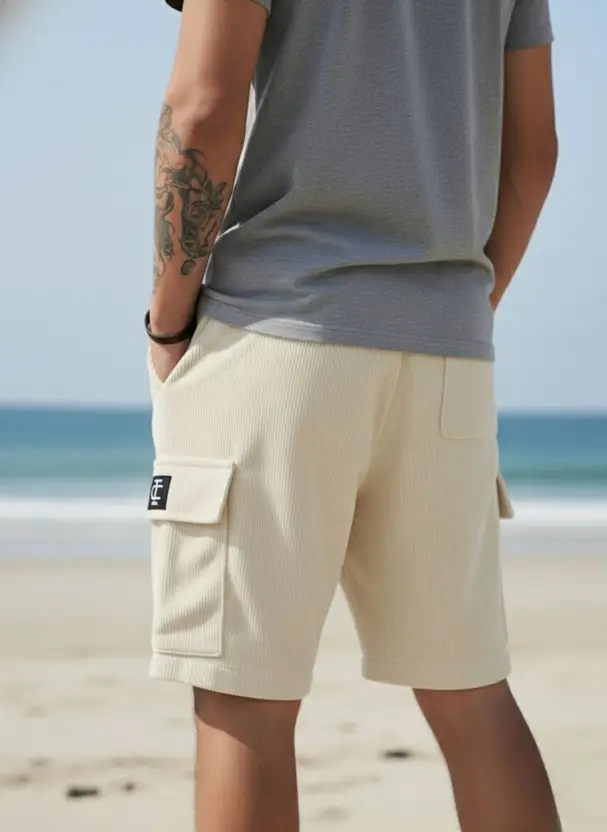 INDICLUB Self Design Men Beige Cargo Shorts thumbnail 2