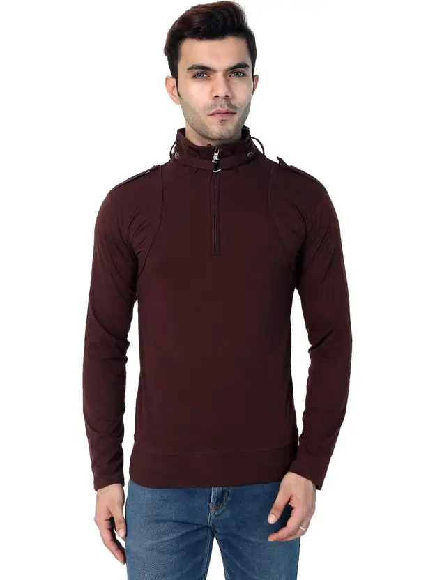 Black Collection Men Solid High Neck Cotton Blend Brown T-Shirt