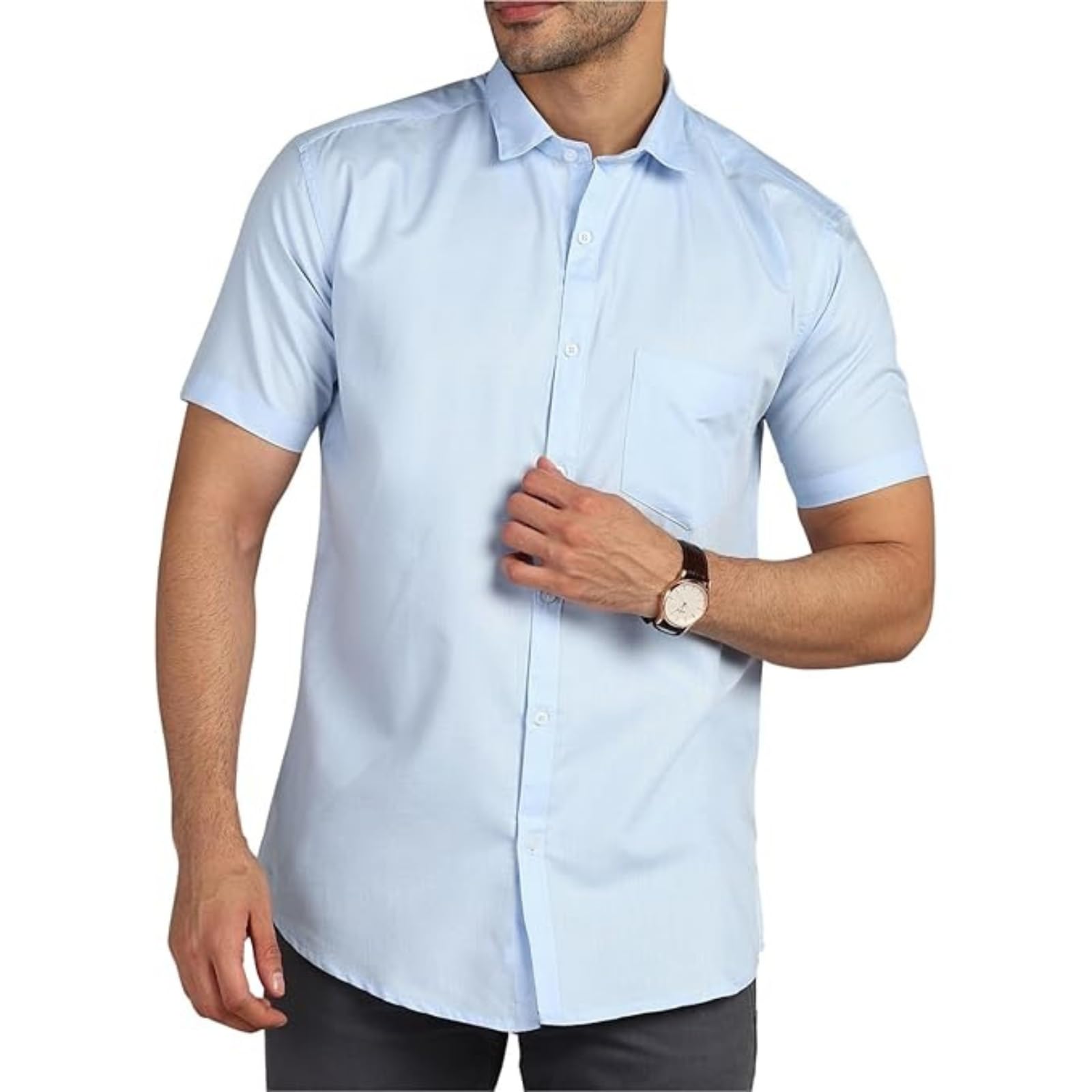 Men's Cotton Blend Solid Shirt, Spread Collar Half Sleeve, Curved Hemline, One Pocket
