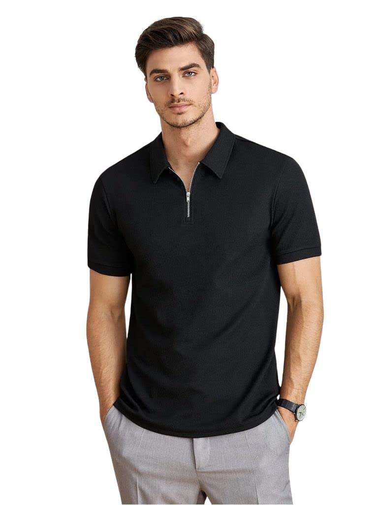 Leriya Fashion T Shirt for Men | Polo T-Shirt with Zipper Placket, Short Sleeves with Contrast Stripe Detail