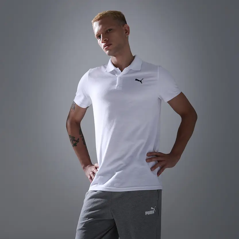PUMA ESS Logo M Men Solid Polo Neck Pure Cotton White T-Shirt thumbnail 2
