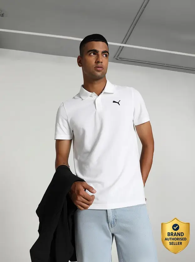 PUMA ESS Logo M Men Solid Polo Neck Pure Cotton White T-Shirt