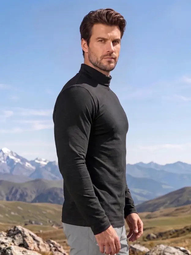 CHKOKKO Men Solid Turtle Neck Polycotton Black T-Shirt thumbnail 2
