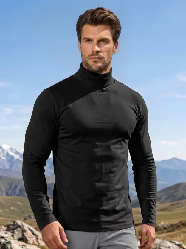 CHKOKKO Men Solid Turtle Neck Polycotton Black T-Shirt
